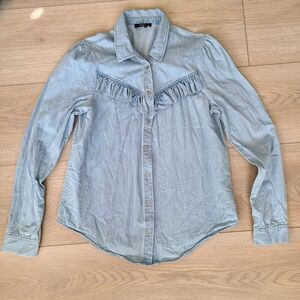 Paige Top S Blue Denim Chambray Ruffle Button-Front‎ Collared Western Shirt